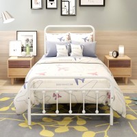 Dumee Metal Bed Frame Twin Size Platform With Vintage Headboard And Footboard Sturdy Metal Frame Premium Steel Slat Support,Textured White