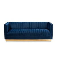 Baxton Studio Aveline Glam And Luxe Navy Blue Velvet Fabric Upholstered Brushed Gold Finished Sofa