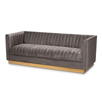 Baxton Studio Aveline Gray Velvet Upholstered Gold Finished Sofa