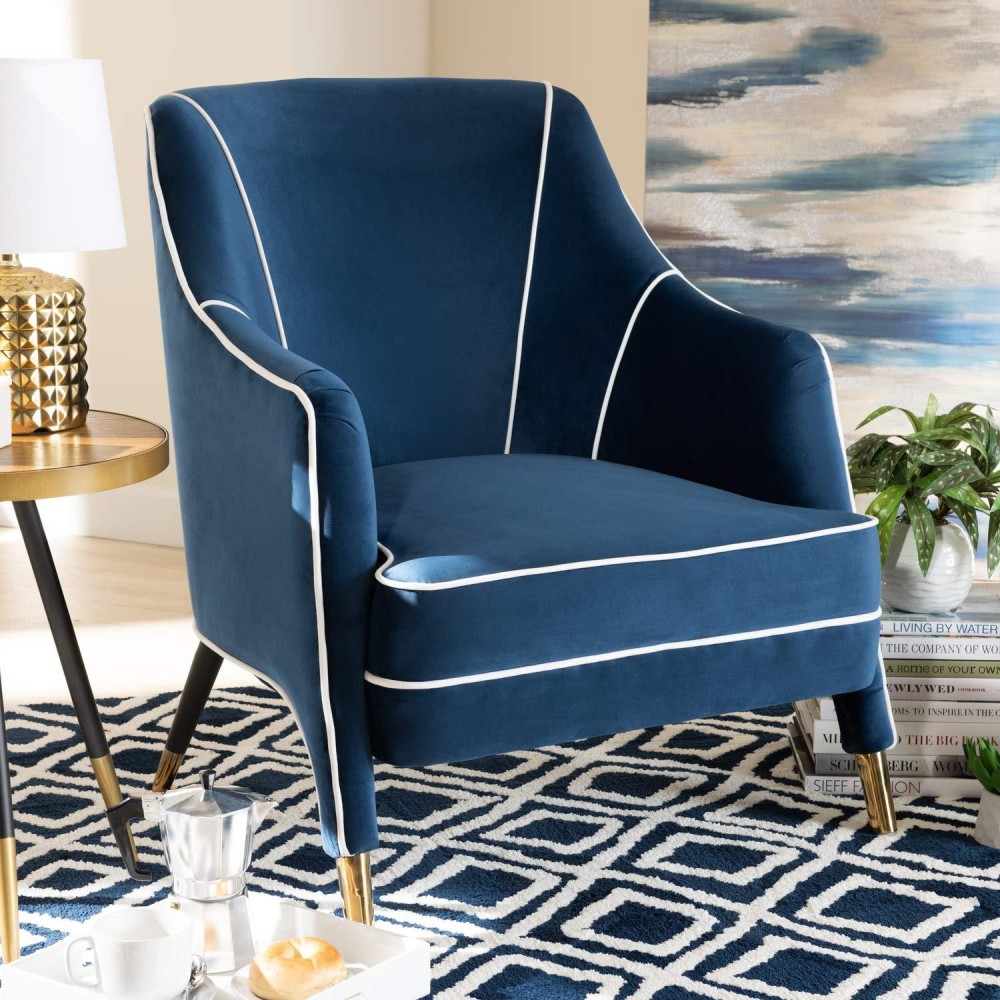 Baxton Studio Ainslie Glam And Luxe Navy Blue Velvet Fabric Upholstered Gold Finished Armchair