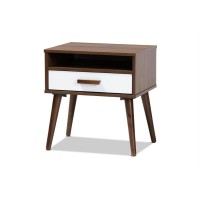 Baxton Studio Quinn Mid-Century Modern Two-Tone White And Walnut Finished 1-Drawer Wood End Table