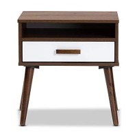 Baxton Studio Quinn Mid-Century Modern Two-Tone White And Walnut Finished 1-Drawer Wood End Table
