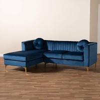 Baxton Studio Giselle Navy Blue Velvet Gold Finished Sectional Sofa