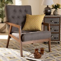 Baxton Studio Naeva Mid-Century Modern Grey Fabric Upholstered Walnut Finished Wood Armchair