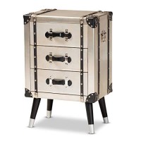 Baxton Studio Dilan Vintage Industrial Antique Silver Finished Metal Trunk Inspired 3-Drawer Nightstand