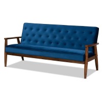 Baxton Studio Sorrento Mid-Century Modern Navy Blue Velvet Fabric Upholstered Walnut Finished Wooden 3-Seater Sofa