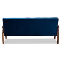 Baxton Studio Sorrento Mid-Century Modern Navy Blue Velvet Fabric Upholstered Walnut Finished Wooden 3-Seater Sofa