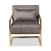 Baxton Studio Mira Glam And Luxe Grey Velvet Fabric Upholstered Gold Finished Metal Lounge Chair