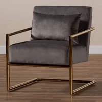 Baxton Studio Mira Glam And Luxe Grey Velvet Fabric Upholstered Gold Finished Metal Lounge Chair