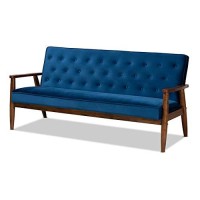 Baxton Studio Sorrento Mid-Century Modern Navy Blue Velvet Fabric Upholstered Walnut Finished 3-Piece Wooden Living Room Set