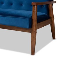 Baxton Studio Sorrento Mid-Century Modern Navy Blue Velvet Fabric Upholstered Walnut Finished 3-Piece Wooden Living Room Set