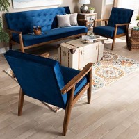 Baxton Studio Sorrento Mid-Century Modern Navy Blue Velvet Fabric Upholstered Walnut Finished 3-Piece Wooden Living Room Set