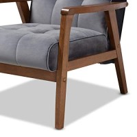 Baxton Studio Asta Mid-Century Modern Grey Velvet Fabric Upholstered Walnut Finished Wood Armchair