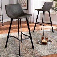 Baxton Studio Tani Rustic Industrial Grey And Brown Faux Leather Upholstered Black Finished 2-Piece Metal Bar Stool Set