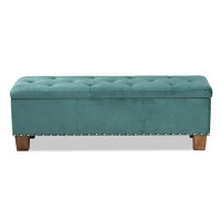 Baxton Studio Hannah Modern And Contemporary Teal Blue Velvet Fabric Upholstered Button-Tufted Storage Ottoman Bench