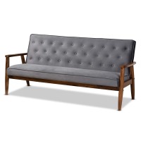 Baxton Studio Sorrento Grey Velvet Upholstered Walnut Wood 3-Seater Sofa