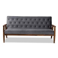 Baxton Studio Sorrento Grey Velvet Upholstered Walnut Wood 3-Seater Sofa