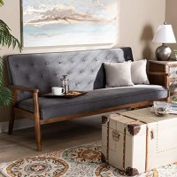 Baxton Studio Sorrento Grey Velvet Upholstered Walnut Wood 3-Seater Sofa