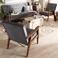 Baxton Studio Sorrento Mid-Century Modern Grey Velvet Fabric Upholstered Walnut Finished 3-Piece Wooden Living Room Set