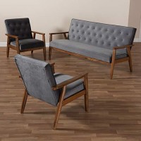 Baxton Studio Sorrento Mid-Century Modern Grey Velvet Fabric Upholstered Walnut Finished 3-Piece Wooden Living Room Set