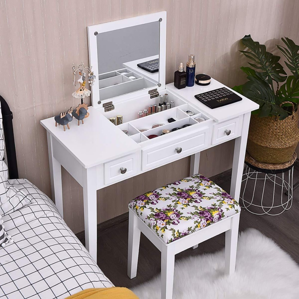 Charmaid Makeup Vanity Desk With Flip Top Mirror And 3 Drawers, 7 Storage Compartments, White Writing Desk Dressing Table Vanity Set With Cushioned Stool For Kids Girls Women, Easy Assembly