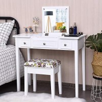 Charmaid Makeup Vanity Desk With Flip Top Mirror And 3 Drawers, 7 Storage Compartments, White Writing Desk Dressing Table Vanity Set With Cushioned Stool For Kids Girls Women, Easy Assembly