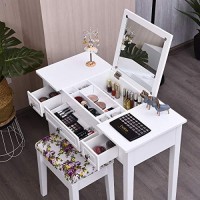 Charmaid Makeup Vanity Desk With Flip Top Mirror And 3 Drawers, 7 Storage Compartments, White Writing Desk Dressing Table Vanity Set With Cushioned Stool For Kids Girls Women, Easy Assembly