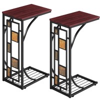 Yaheetech C Shaped End Table Set Of 2 Sofa Side Table Slide Under Sofa Mobile C Table For Living Room Small Coffee Tray Snack Table Accent Furniture With Storage Shelf & Metal Frame Rustic Brown