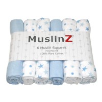 Muslinz 6Pk Baby Muslin Squares Burp Cloths 100% Pure Soft Cotton 70X70Cm Blue Stars