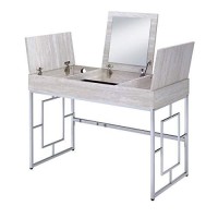 Benjara Wood And Metal Vanity Desk With Lift Top Compartments, Brown And Silver