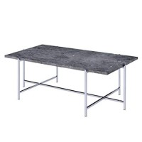 Benjara Marble Top Coffee Table With Trestle Base, Gray And Silver