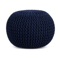 Birdrock Home Round Floor Pouf Ottoman | Cotton Braided Foot Stool | Bedroom And Living Room Home Furniture | Navy