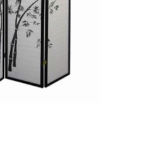 Benjara Wood And Paper 4 Panel Room Divider With Bamboo Print, White And Black