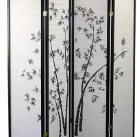 Benjara Wood And Paper 4 Panel Room Divider With Bamboo Print, White And Black