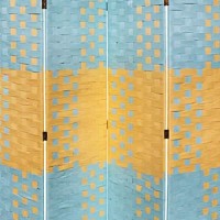 Benjara Paper Straw 4 Panel Screen With 2 Inch Wooden Legs, Blue And Yellow