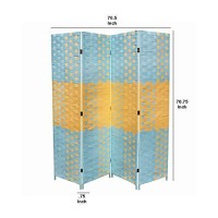 Benjara Paper Straw 4 Panel Screen With 2 Inch Wooden Legs, Blue And Yellow