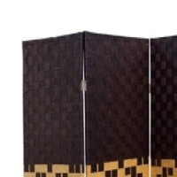 Benjara Paper Straw Weave And Wood 4 Panel Screen, Brown And Yellow