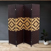 Benjara Paper Straw Weave And Wood 4 Panel Screen, Brown And Yellow