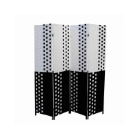 Benjara Paper Straw 4 Panel Screen With 2 Inch Wooden Legs, White And Black