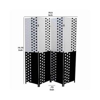 Benjara Paper Straw 4 Panel Screen With 2 Inch Wooden Legs, White And Black