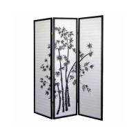 Benjara Wood And Paper 3 Panel Room Divider With Bamboo Print, White And Black