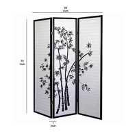 Benjara Wood And Paper 3 Panel Room Divider With Bamboo Print, White And Black