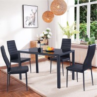 Casart Kitchen Dining Table And Chair Set With Glass Table Top, 4 Chairs And Metal Frame Table For Kitchen And Dining Room, Black