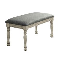 Benjara, Gray And White Transitional Fabric Upholstered Wooden Bench