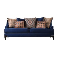 Benjara, Blue Wood And Chenille Fabric Upholstered Sofa With Throw Pillows