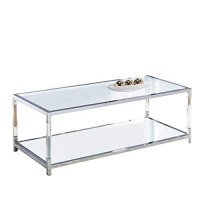 Benjara Glass Top Metal Coffee Table With Open Bottom Shelf, Clear And Silver