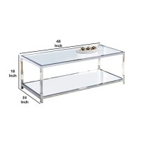 Benjara Glass Top Metal Coffee Table With Open Bottom Shelf, Clear And Silver