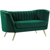 Meridian Furniture Margo Collection Modern | Contemporary Velvet Upholstered Loveseat With Deep Channel Tufting And Rich Gold Stainless Steel Legs, Green, 65 W X 30 D X 33 H
