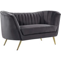 Meridian Furniture Margo Collection Modern | Contemporary Velvet Upholstered Loveseat With Deep Channel Tufting And Rich Gold Stainless Steel Legs, Grey, 65 W X 30 D X 33 H