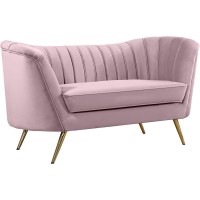 Meridian Furniture Margo Collection Modern | Contemporary Velvet Upholstered Loveseat With Deep Channel Tufting And Rich Gold Stainless Steel Legs, Pink, 65 W X 30 D X 33 H